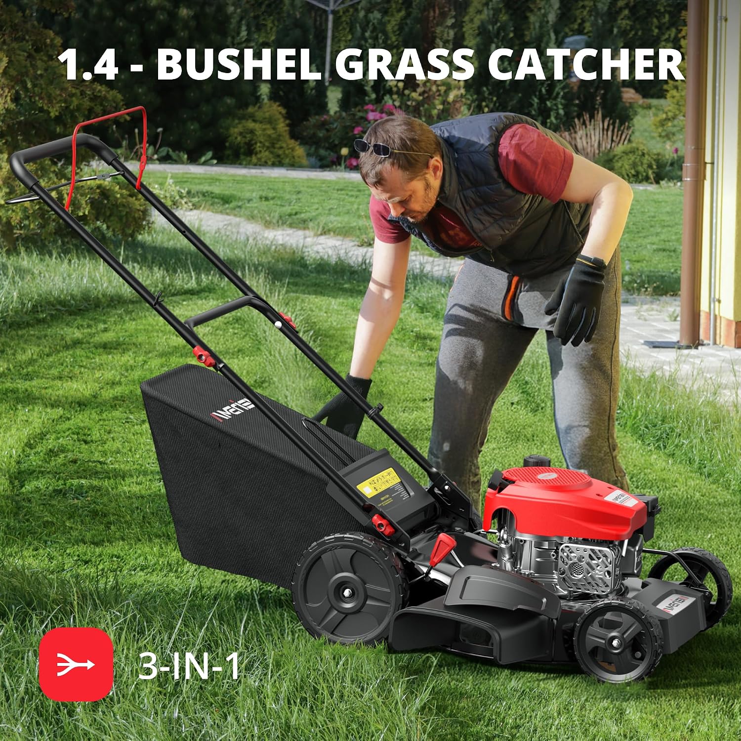 AMERISUN Gas Lawn Mower, 170cc OHV Engine with Forced Air Cooling, 21' Steel Deck, 3-in-1 Mulching/Bagging/Side Discharge, 6 Cutting Heights, 1.4-Bushel Grass Catcher, Self-Propelled