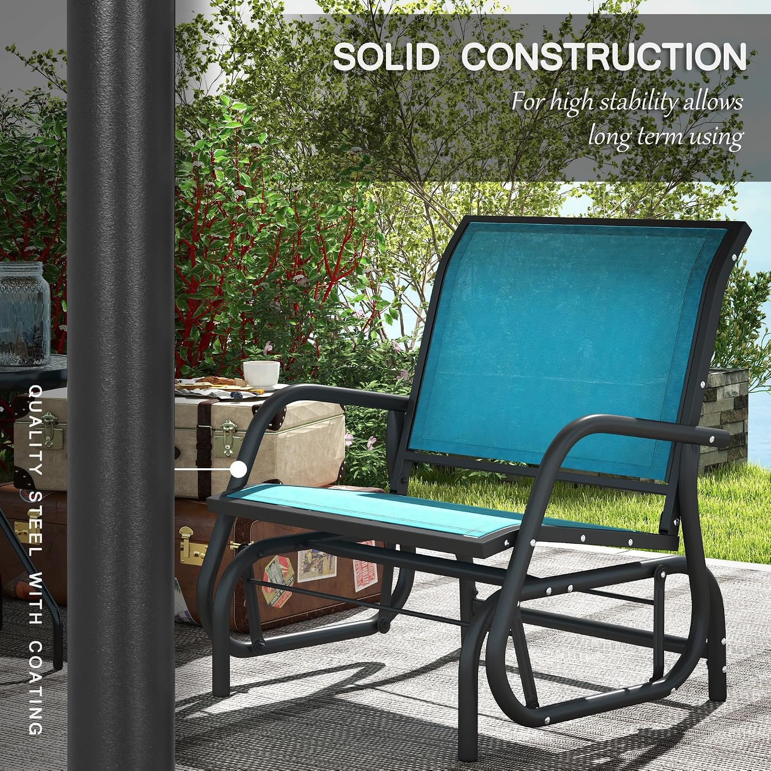 Outsunny Porch Glider Set of 2, Metal Frame Swing Glider Chair with Breathable Mesh Fabric, Curved Armrests and Steel Frame for Garden, Poolside, Backyard, Balcony, Blue