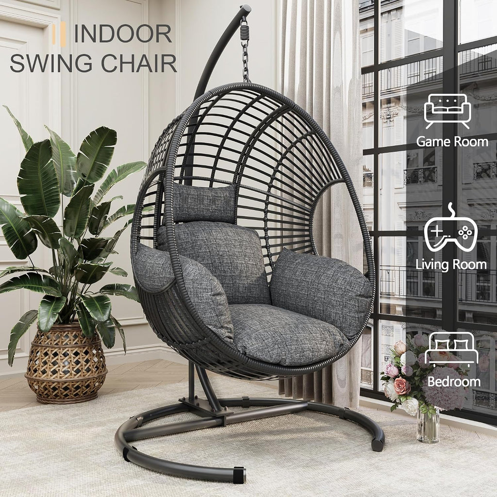 Oversized Hanging Egg Chair Set of 2 Outdoor Indoor, Wicker Swing Egg Chair with Stand 400lbs Capacity for Bedroom, Patio, Garden and Balcony