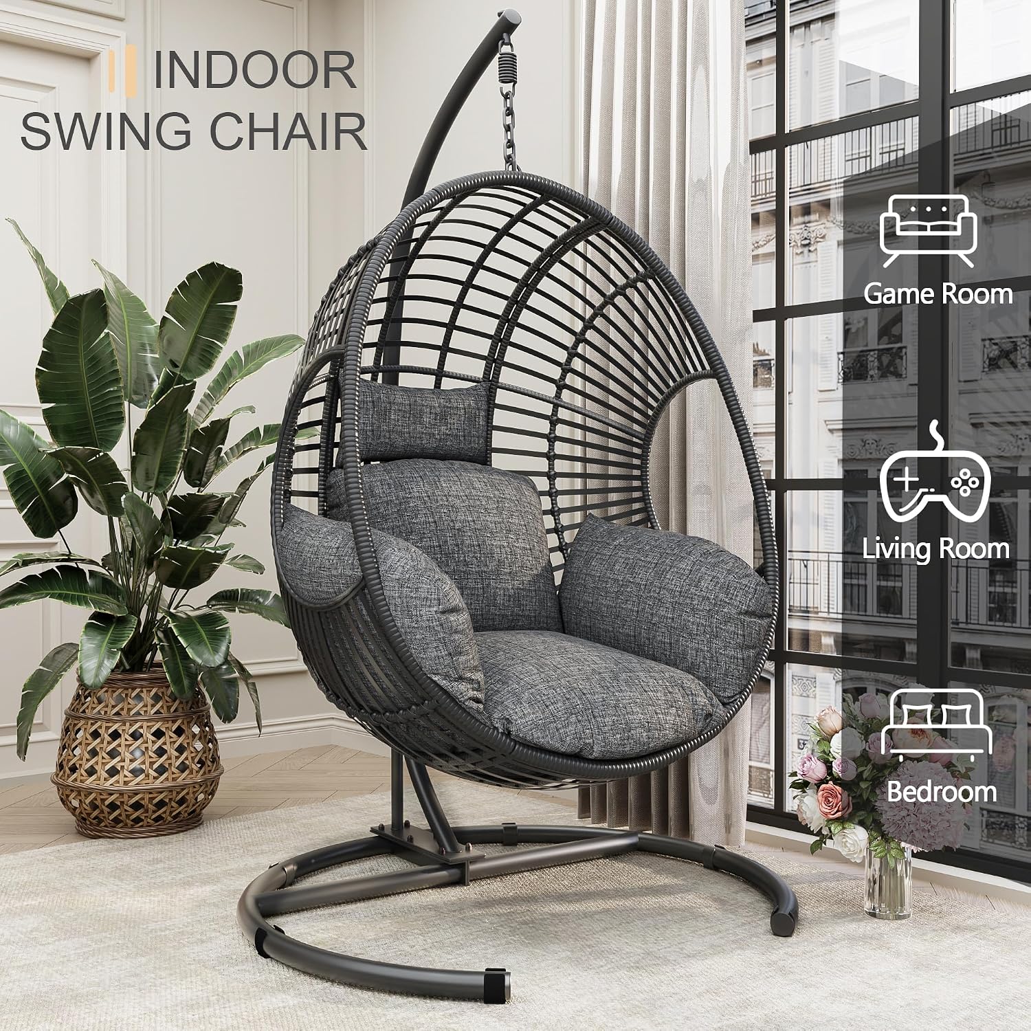 Oversized Hanging Egg Chair Set of 2 Outdoor Indoor, Wicker Swing Egg Chair with Stand 400lbs Capacity for Bedroom, Patio, Garden and Balcony