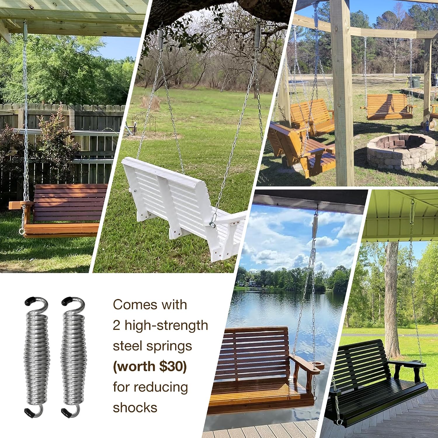 Wooden Porch Swing 3-Seater, High Backrest and Deep Seat, Bench Swing with Cupholders, Hanging Chains and 7mm Springs, Heavy Duty 880 LBS, for Outdoor Patio Garden (Carbon Black, 5 FT Extra Large)