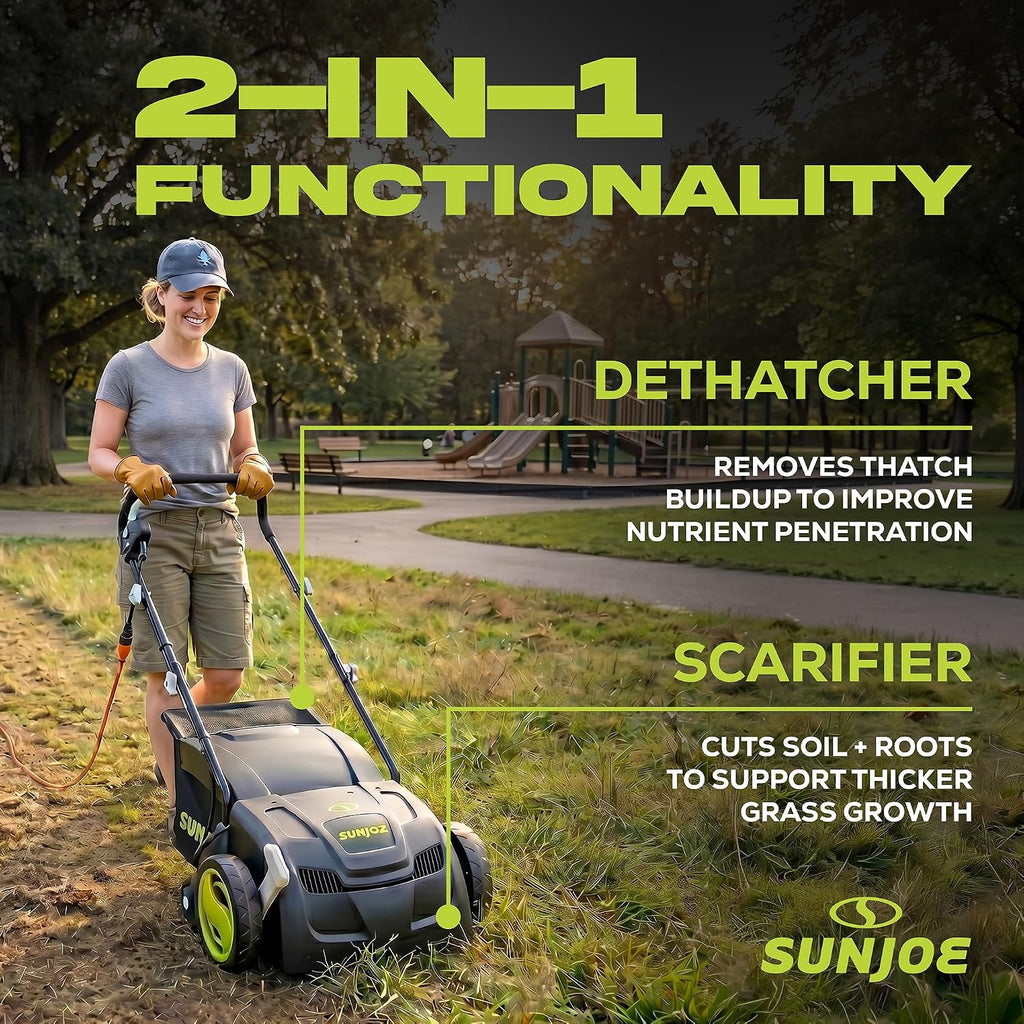 Sun Joe Electric Dethatcher & Scarifier, Corded, with 8-Gal Bag, 12.6-Inch Cutting Width, 12-Amp Motor - Heavy-Duty Yard Trimmer for Lawn Maintenance, AJ801E