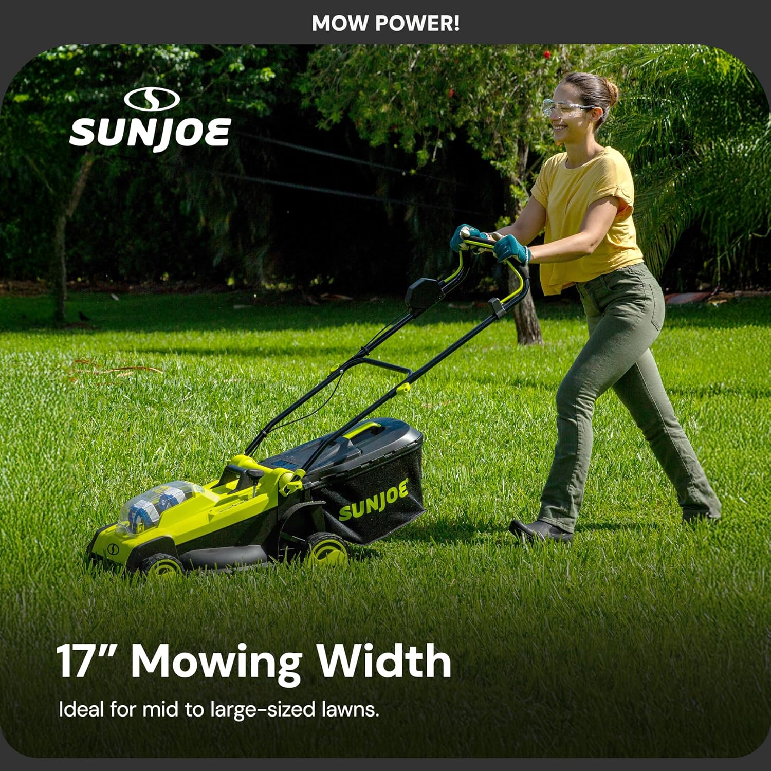 Sun Joe Cordless Electric Push Lawn Mower with 6-Position Height Adjustment, 11-Gal Bag, 17-Inch Cutting Width - Heavy-Duty Yard Trimmer for Gardening Care and Maintenance, 24V-X2-17LM