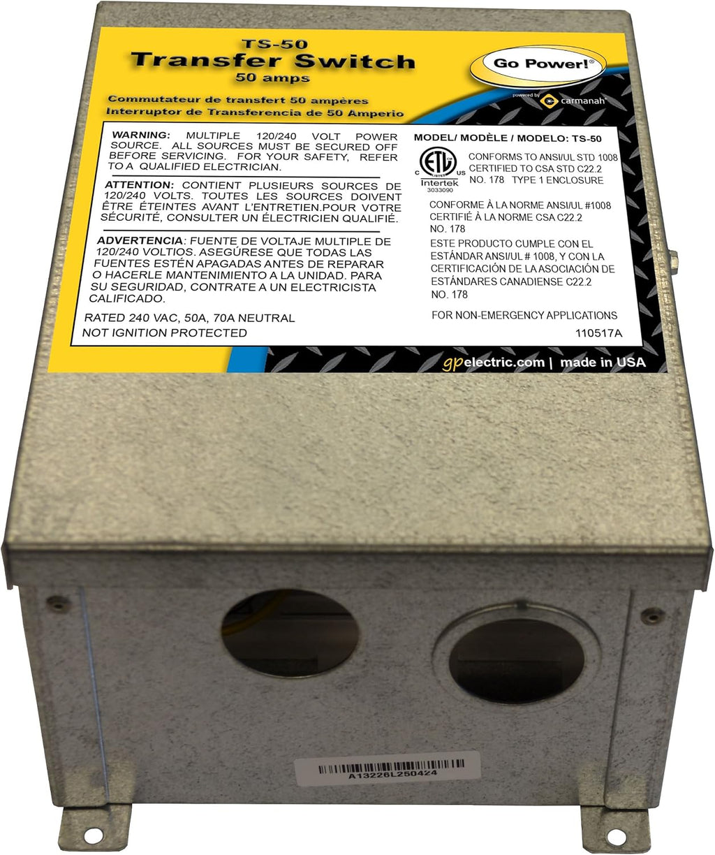 Go Power TS-50 50 Amp Automatic Transfer Switch, Inverter, Shore Power, Generator Compatible, Delay Switch for Safe Generator Operation, Easy Installation