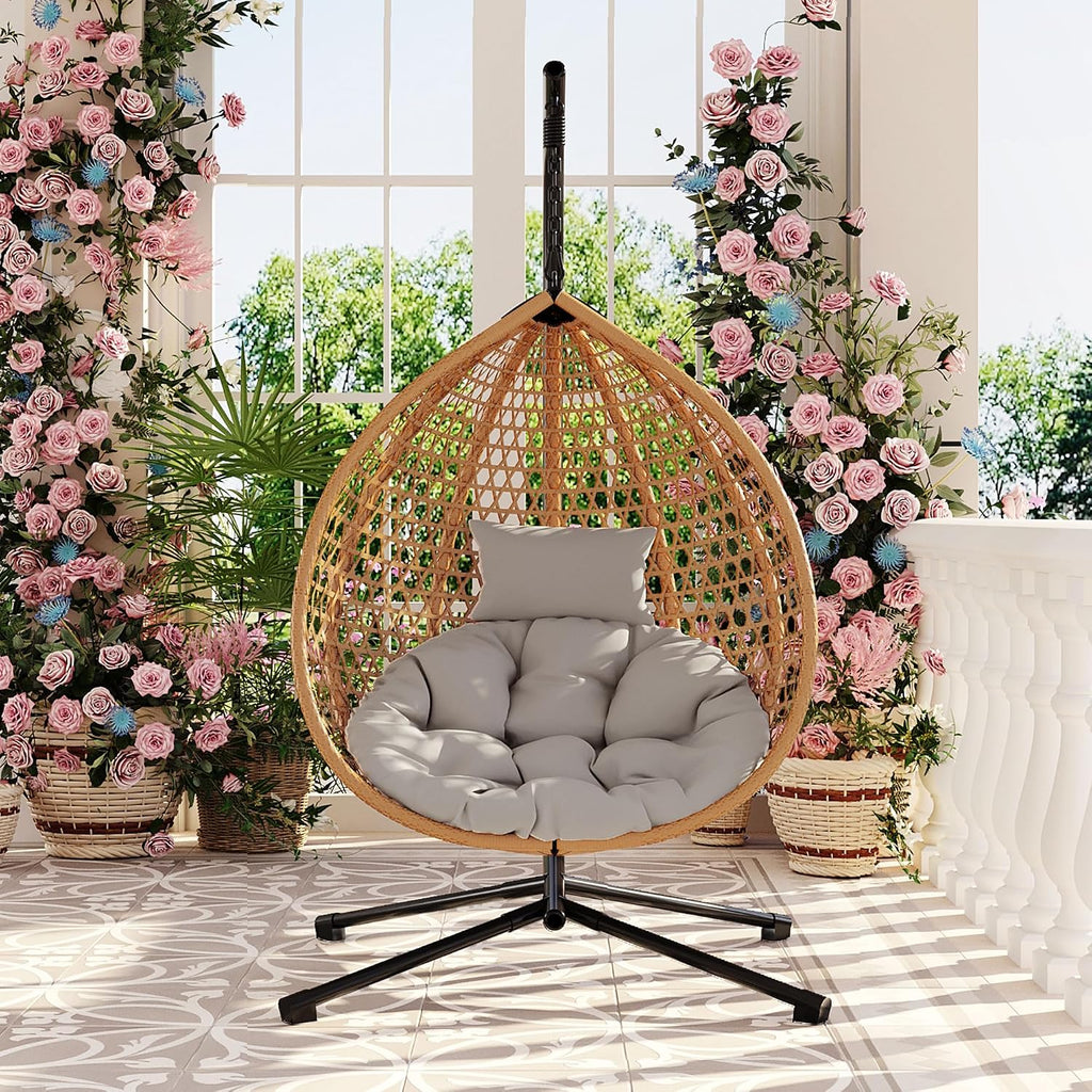 Single Hammock Chair with Stand Durable Hanging Egg Chair with Rattan Weaving, Indoor Outdoor Swing Chairs with Soft Removable Cushion for Balcony, Bedroom, Patio, or Garden, Natural+Grey