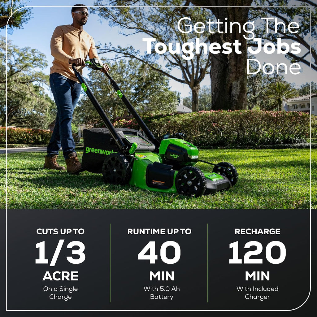 Greenworks 40V 21' Self-Propelled Cordless Lawn Mower – Brushless Motor, 5.0Ah Battery & Charger(75+ Tool Compatible)