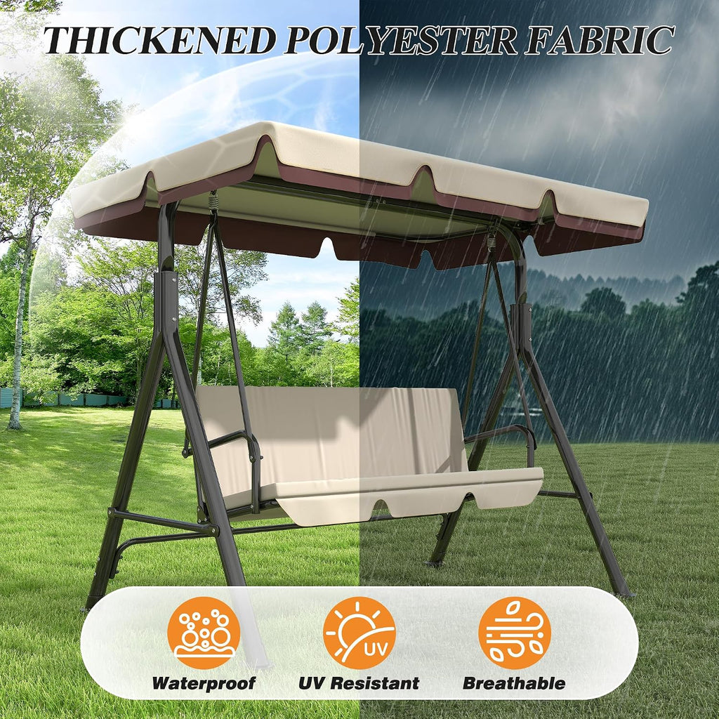 GARTOO 3-Seat Patio Swing Chair, Outdoor Porch Swing with Adjustable Canopy and Durable Steel Frame for Patio, Garden, Poolside (Beige)