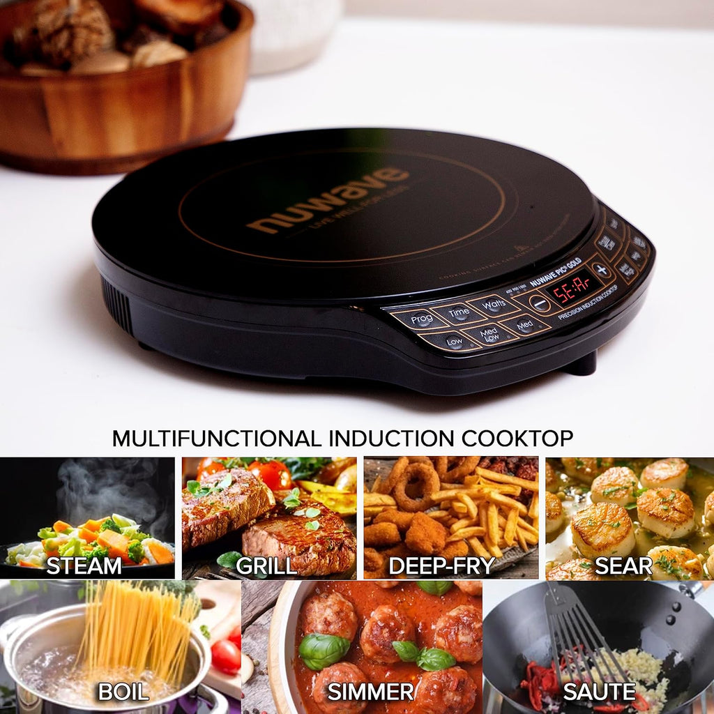 Nuwave Precision Induction Cooktop Gold, 12' Shatter-Resistant Ceramic Glass Surface, Large 8' Heating Coil, Portable, 96 Temp Settings 100°F to 575°F, 3 Wattage Settings 700, 900, and 1500 Watts