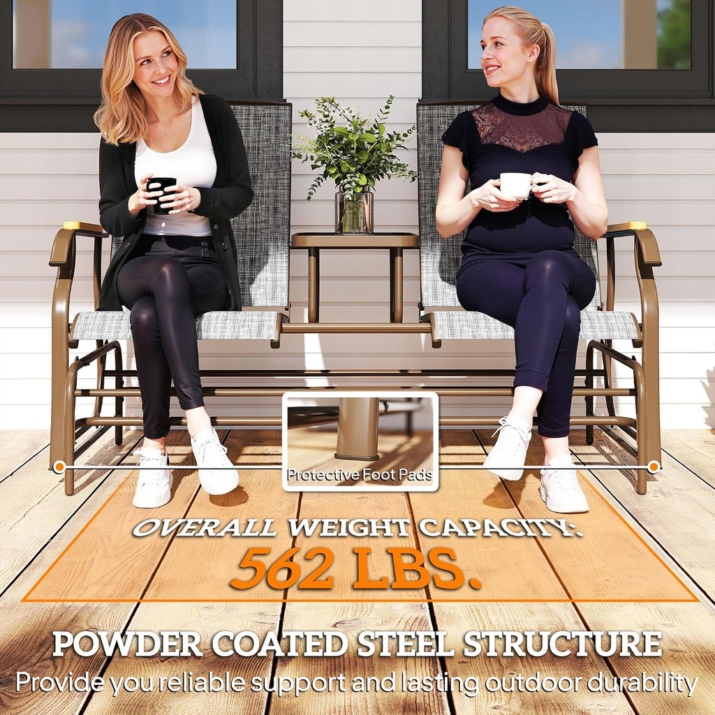 Outsunny 2 Person Outdoor Glider Bench, Patio Swing Glider Chair Loveseat with Breathable Mesh, Table, Steel Frame for Garden, Backyard, Porch, Gray