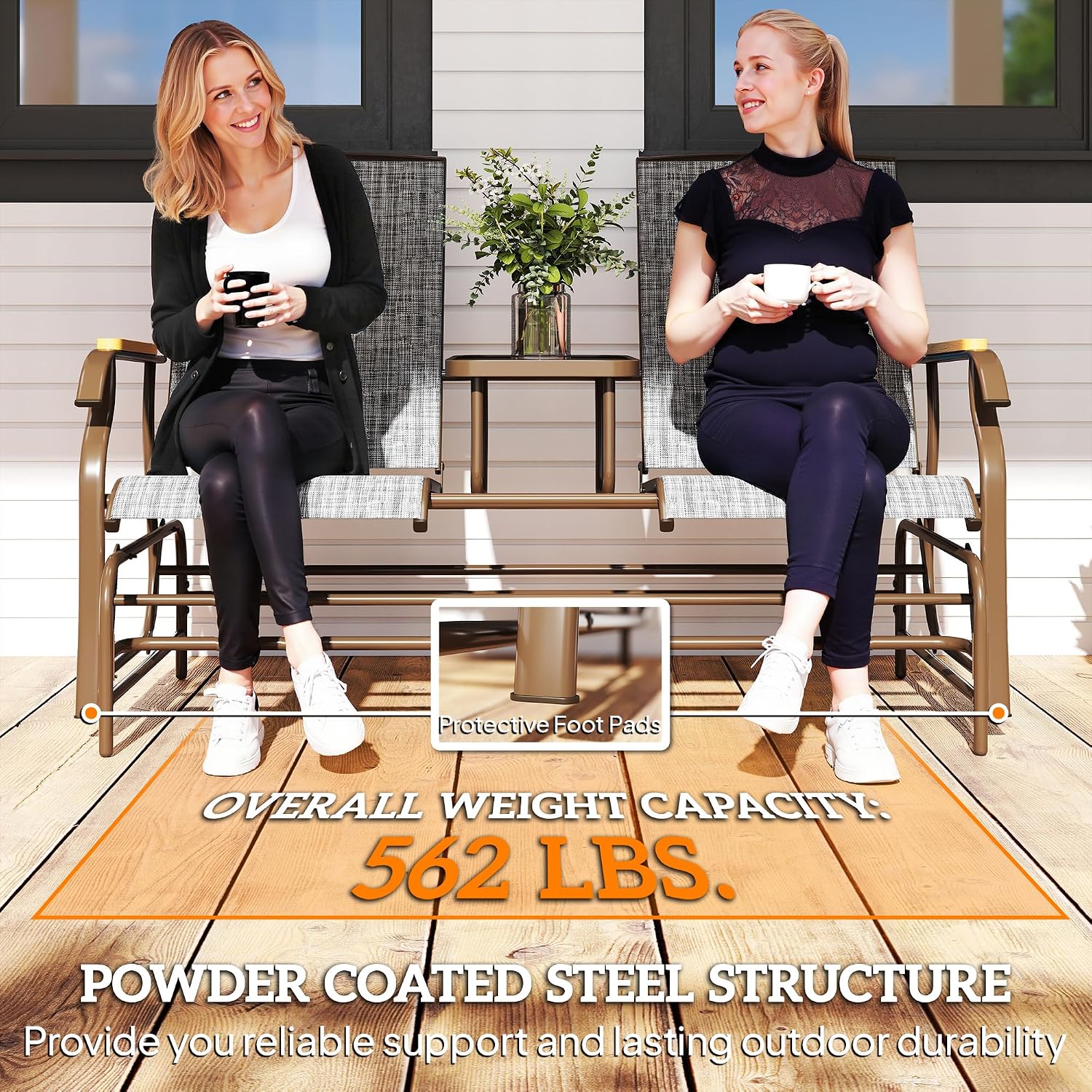 Outsunny 2 Person Outdoor Glider Bench, Patio Swing Glider Chair Loveseat with Breathable Mesh, Table, Steel Frame for Garden, Backyard, Porch, Gray