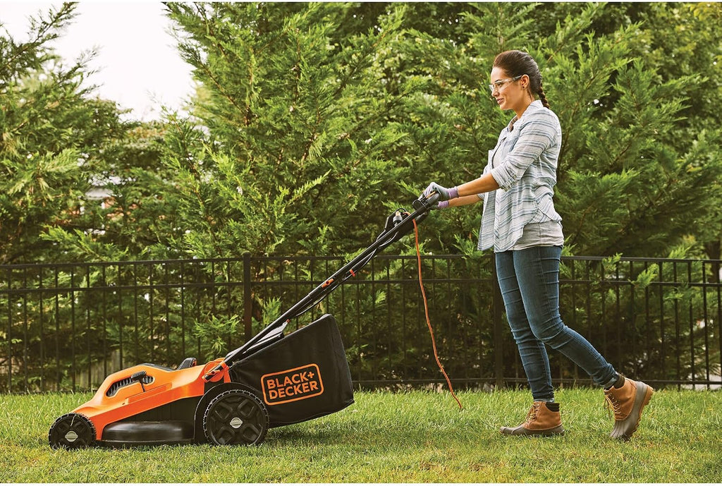 BLACK+DECKER Electric Push Lawn Mower, Corded, 13 Amp, 20-Inch Cutting Deck, 6 Setting Height Adjustment, Compact Storage, Collection Bag (BEMW213)