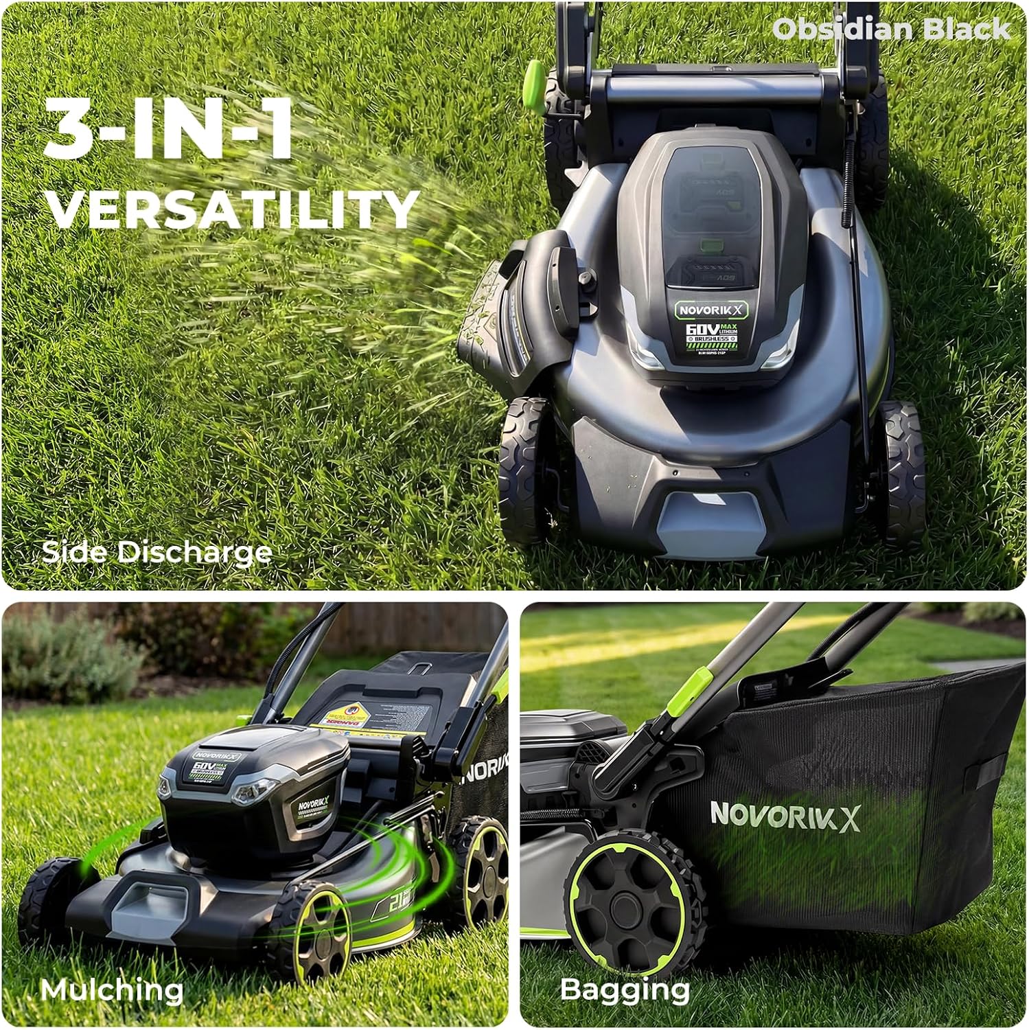 NovorikX 60V 5Ah Self-Propelled Electric Cordless Lawn Mower with 5.0Ah Battery 21-Inch, Brushless Mower for Large Yards, LED Headlight, Rapid Charger 3-in-1 Versatility Obsidian Series