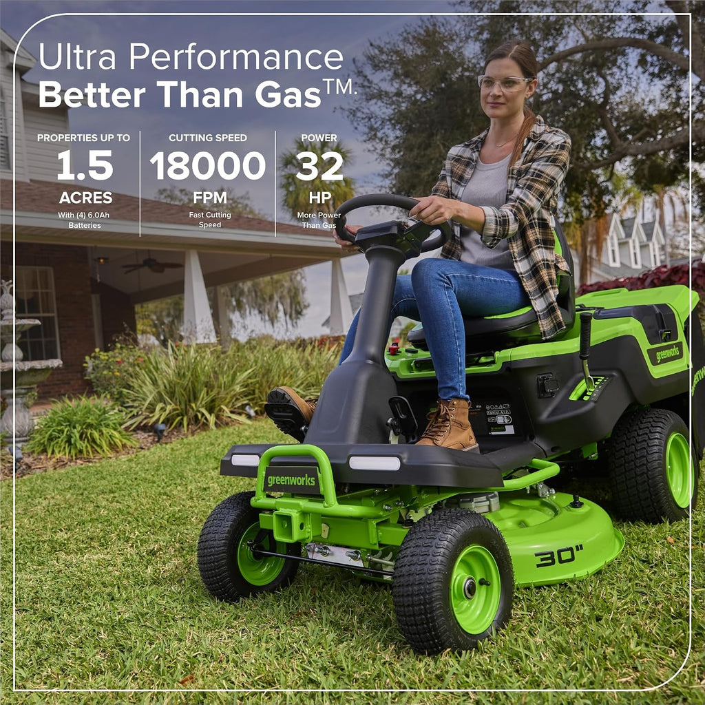 Greenworks 80V 30' Cordless Riding Lawn Tractor, (4) 6.0Ah Batteries and 600W Charger