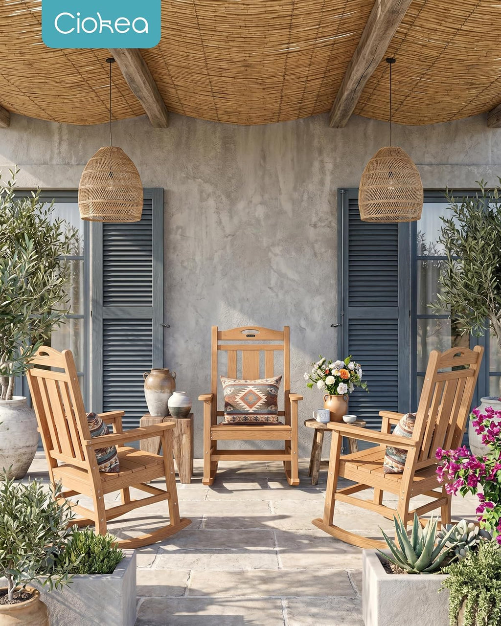 Ciokea Oversized Outdoor Rocking Chairs Set of 8, 380lbs Heavy-Duty Large Patio Rocker, High Back Cozy Porch Chairs, Weather Resistant Patio Rocking Chairs for Outside, Fire Pit, Deck, Teak