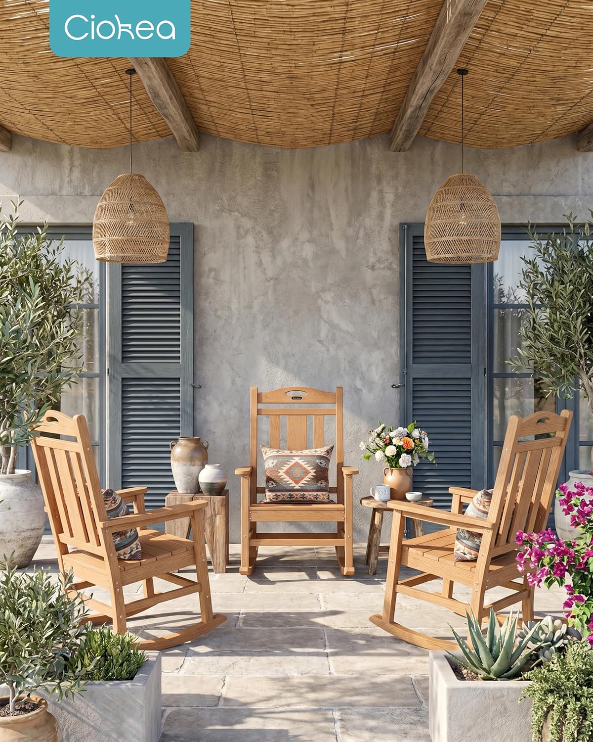 Ciokea Oversized Outdoor Rocking Chairs Set of 4, 380lbs Heavy-Duty Large Patio Rocker, High Back Cozy Porch Chairs, Weather Resistant Patio Rocking Chairs for Outside, Fire Pit, Deck, Teak