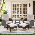 Outdoor Swivel Glider Rocker Chairs Set- 5 Piece Patio Furniture Set, Patio Bistro Sets with Tempered Glass Side Table and 2 Ottoman, for Balcony, Porch - Brown Wicker, Beige Cushion