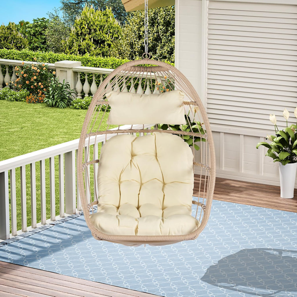 KEIKI Hanging Egg Chair, Outdoor Patio Swing Basket Egg Chair with Cushion, 360LBS Load Rattan Wicker Hammock Chair for Balcony, Garden, Living Room, Natural+Khaki