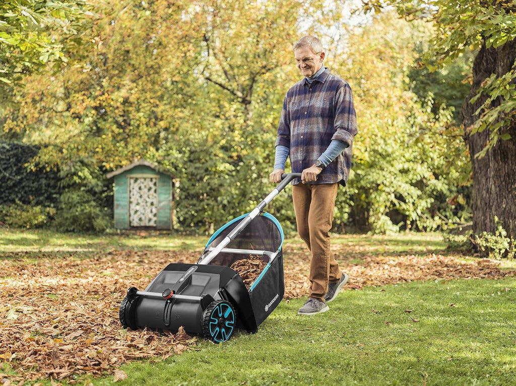 GARDENA Lawn & Leaf Collector Sweeper - Manual Lawn Sweeper - Large Capacity Hopper Bag - Adjustable Height Wide Brush Pickup - Easy to Maneuver Yard Debris Collector - Space Saving Storage - 03565