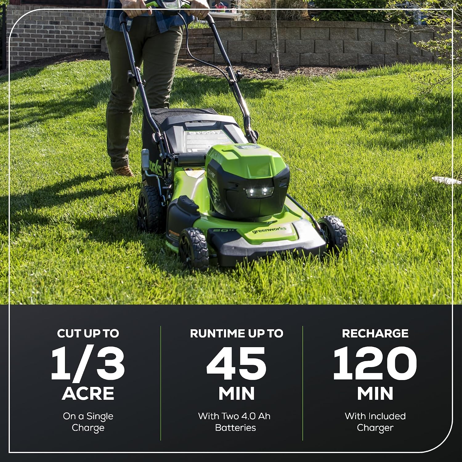 Greenworks 48V (24V x 2) 20' Brushless Cordless (Push) Lawn Mower (LED Headlight), (2) 4.0Ah Batteries and Dual Port Rapid Charger Included (200+ Compatible Tools)