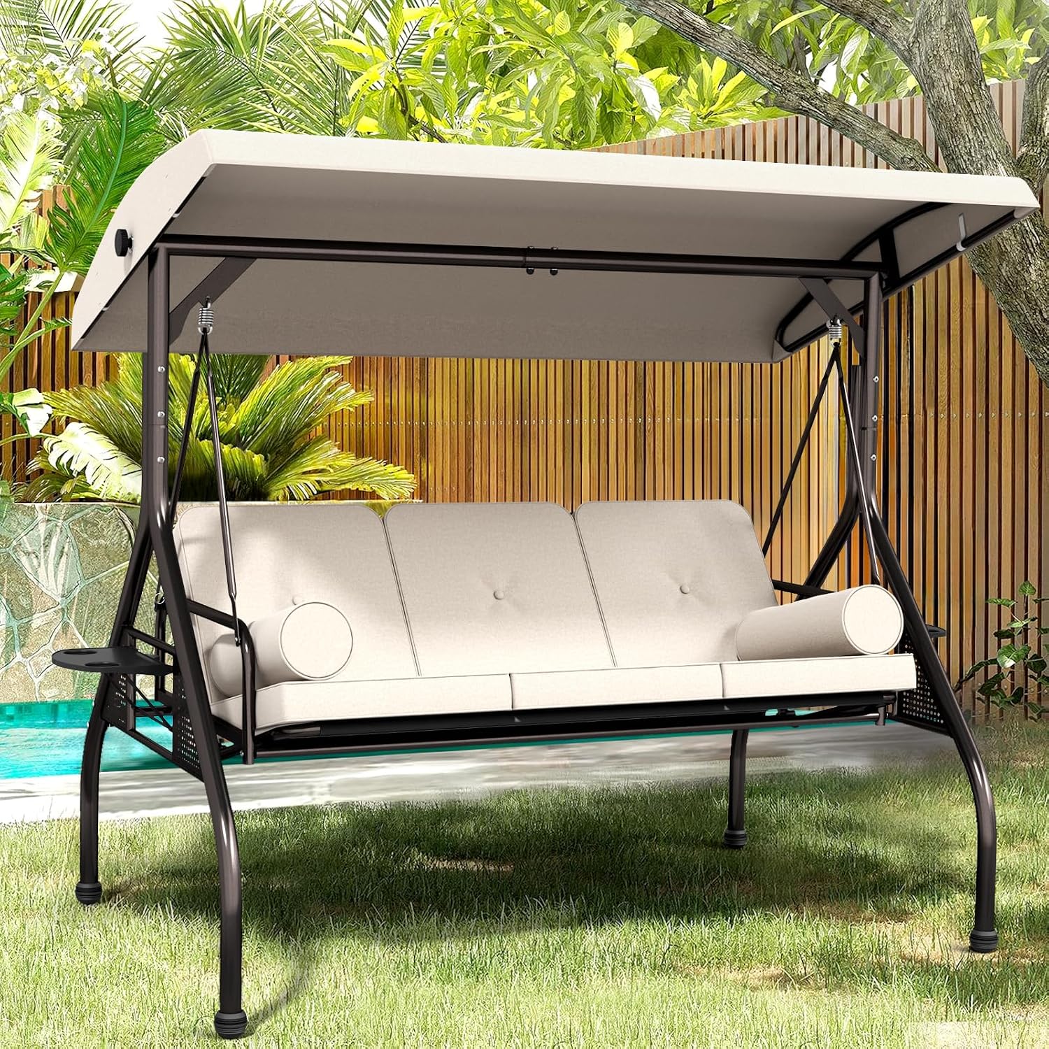Betterland 3-Seat Patio Swing Chair, Outdoor Porch Swing with Cushions,Pillows & Cup Holders, Adjustable Canopy Outside Bench Swing for Backyard, Porch, Garden(Brown)