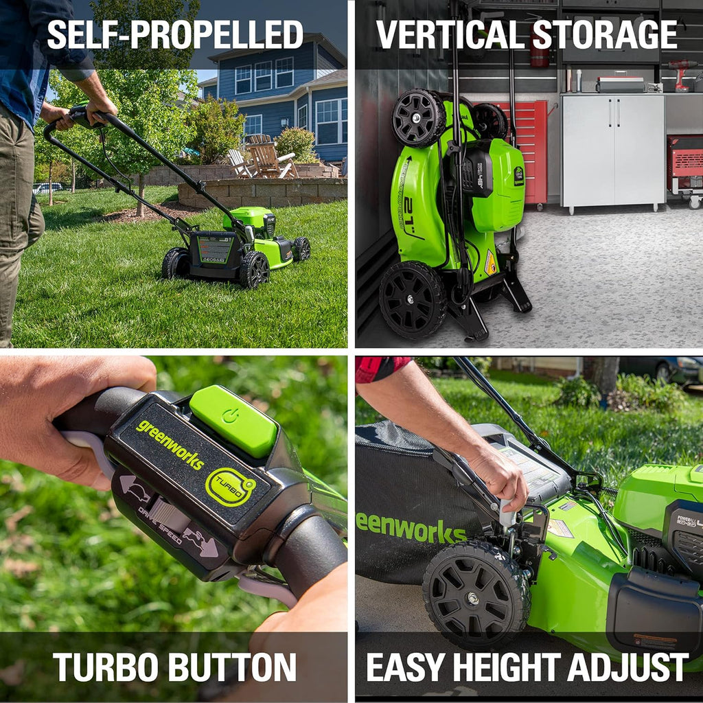 Greenworks 48V (24V x 2) 21' Brushless Cordless (Self-Propelled) Lawn Mower (LED Headlight), (2) 5.0Ah Batteries and Dual Port Rapid Charger Included (200+ Compatible Tools)