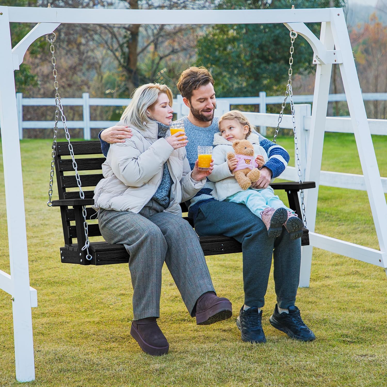 KINGYES Outdoor Hanging Porch Swing Set of 4, 2 Seat Patio Chair With Cup Holders, Waterproof Bench for Courtyard & Garden, 660LBS Weight Capacity, Black