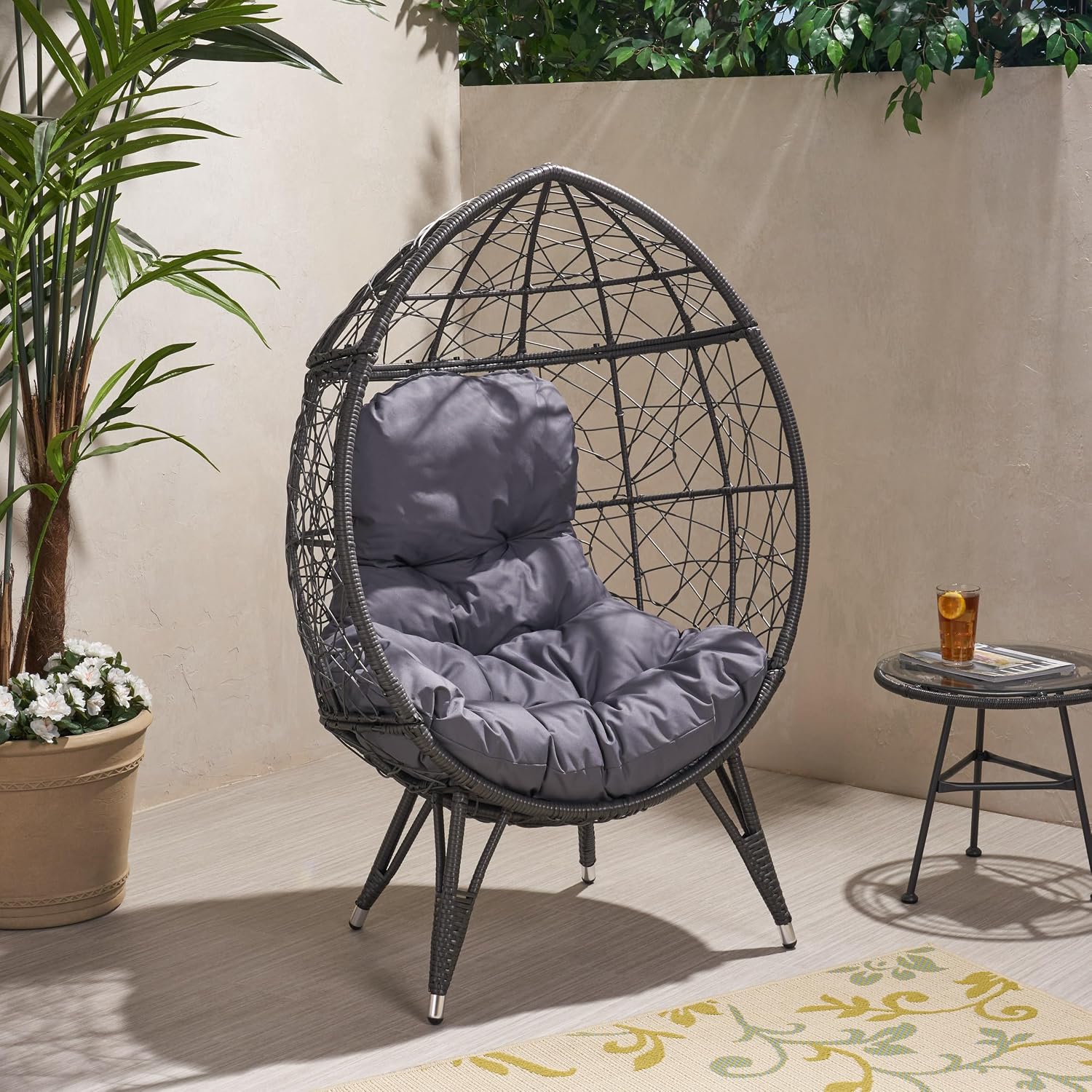 Wicker Egg Chair, Wicker Lounge Chair with Water Resistant Cushion, Indoor Outdoor Lounger for Patio, Backyard, Living Room (Dark Gray)