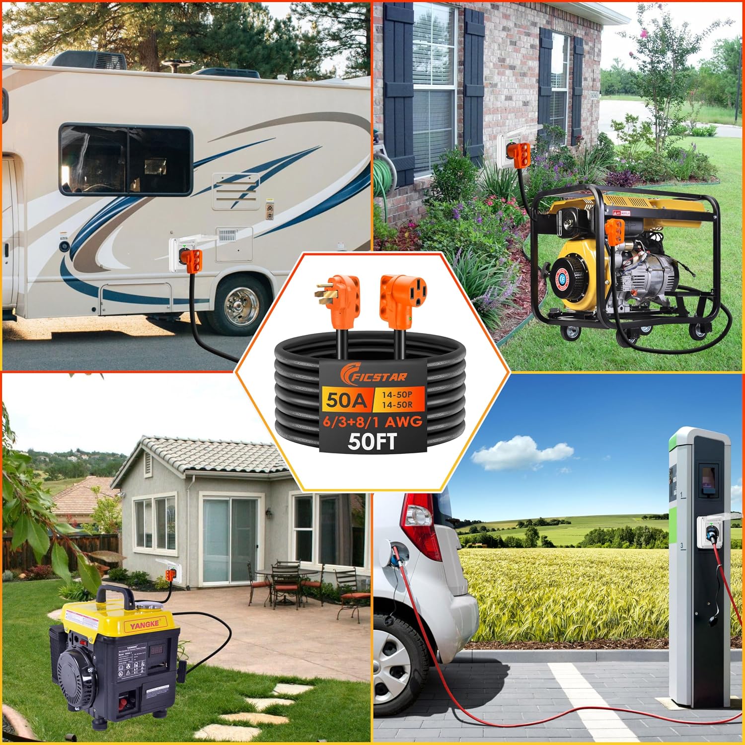 50FT 50 Amp RV Extension Cord Outdoor with Grip Handle,125/250V,12500W, 4 Prong, Heavy Duty 6/3+8/1 Gauge STW,NEMA 14-50P to 14-50R with LED Power Indicator & Polarity Lamp, UL&ETL Listed