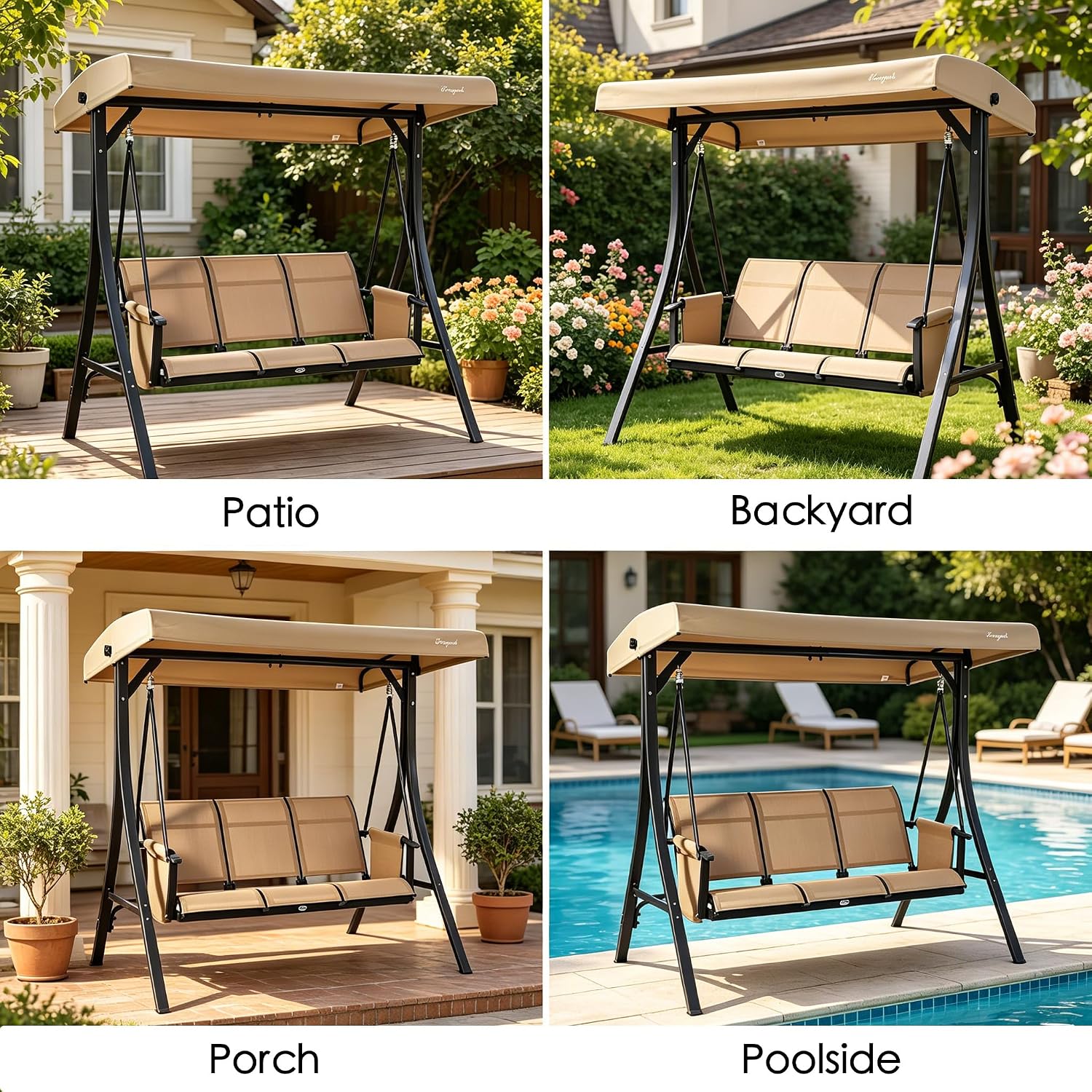 Kozyard Brenda 3-Seat Outdoor Porch Swing Glider, Patio Swing with Adjustable Canopy, Steel Frame, Breathable Textilene Seat & Back, Side Pockets (Tan)