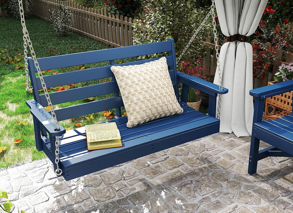 GREENVINES Porch Swing | 51'' | HDPE Plastic | for Outdoor Patio | All Weather | Waterproof Bench Swings | w/ 4 Stainless Steel Chains | Blue