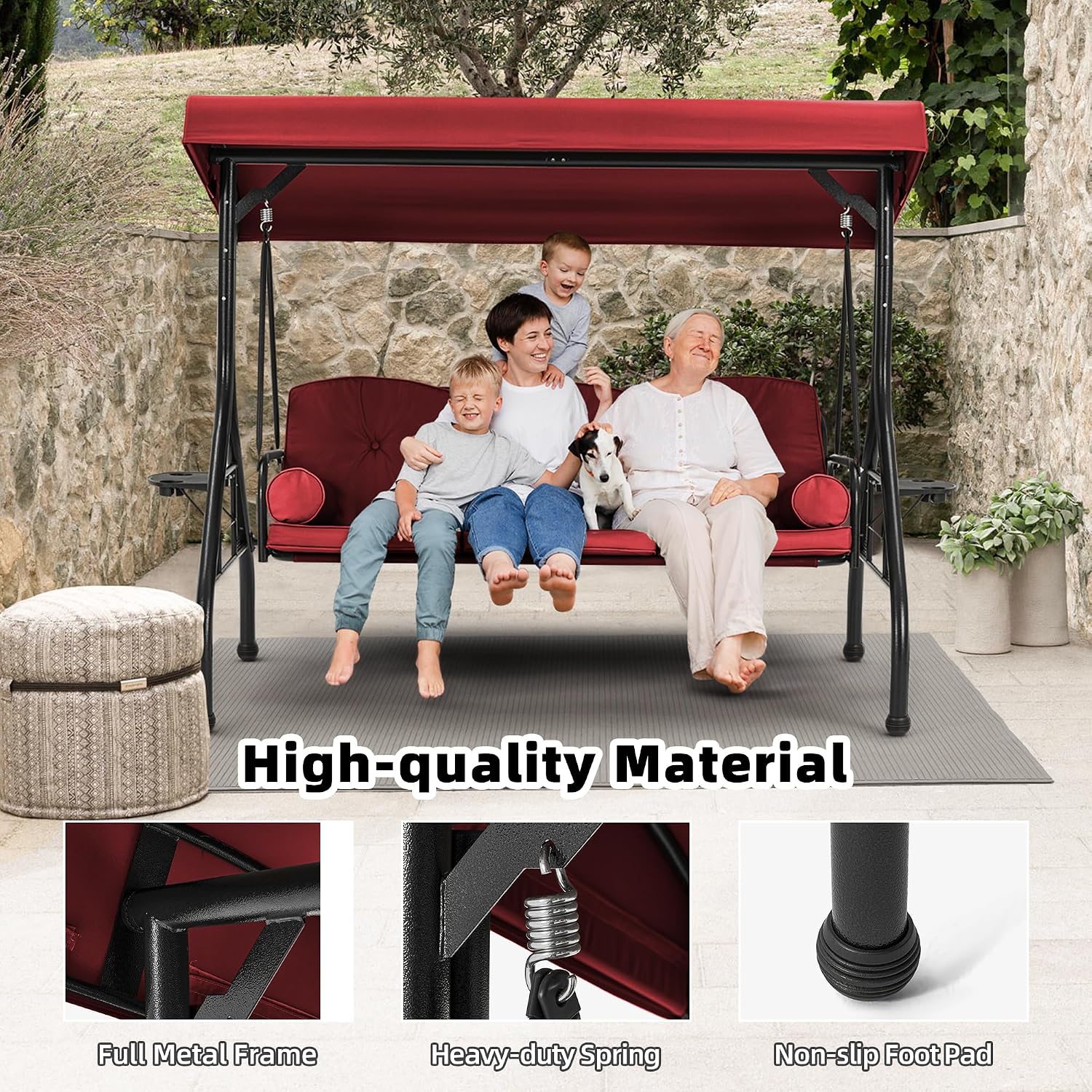 HOMREST 3 Seat Outdoor Porch Swing with Adjustable Canopy, Convertible Patio Swing Bed with Stand, Patio Glider Swing with Upgraded Cup Holder, Thicken Cushions ＆ Pillow for Backyard(Wine Red)