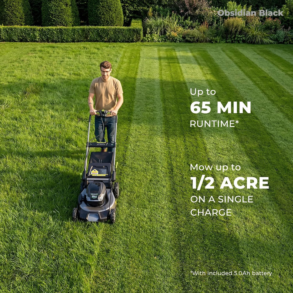 NovorikX 60V 5Ah Self-Propelled Electric Cordless Lawn Mower with 5.0Ah Battery 21-Inch, Brushless Mower for Large Yards, LED Headlight, Rapid Charger 3-in-1 Versatility Obsidian Series
