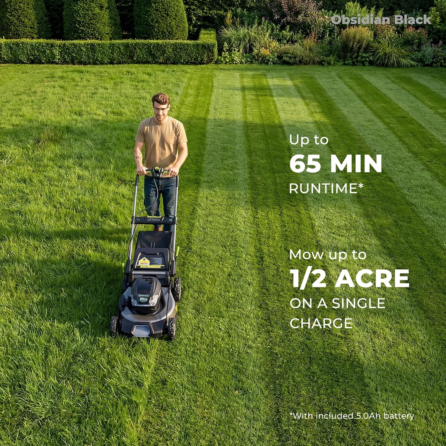 NovorikX 60V 5Ah Self-Propelled Electric Cordless Lawn Mower with 5.0Ah Battery 21-Inch, Brushless Mower for Large Yards, LED Headlight, Rapid Charger 3-in-1 Versatility Obsidian Series