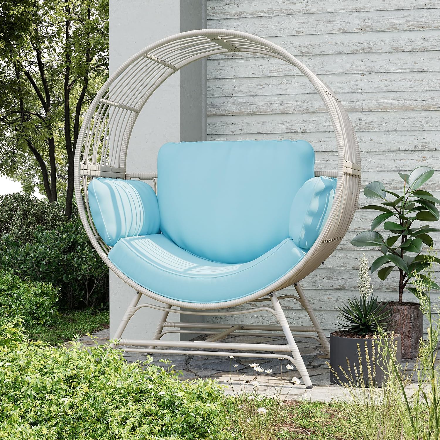 Fancyango Egg Chair Outdoor Indoor, Oversized Rattan Chair with Thicken Cushion, 350LBS Capacity Wicker Patio Lounge Chair, Basket Chair for Living Room Balcony Porch Backyard, Blue