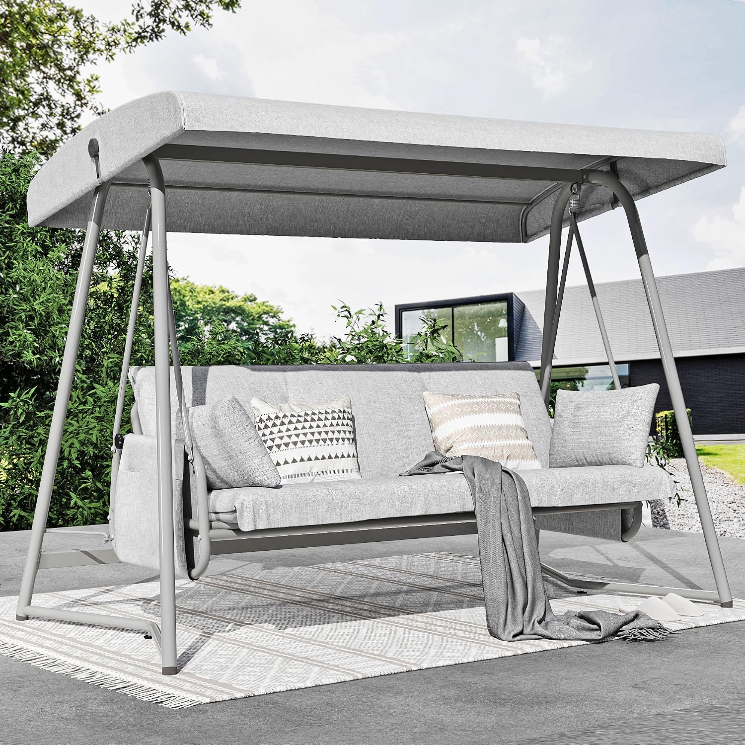 3-4 Person Oversized Outdoor Porch Swing with Adjustable Backrest Canopy,2-in-1 Swing Bed 800 lbs Capacity,Patio Swing with Removable Cushions for Yard Garden Poolside Balcony