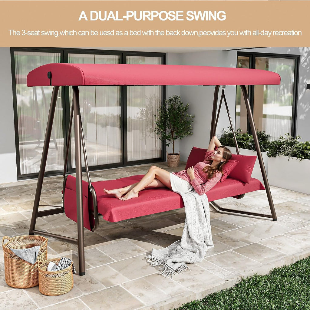 3-4 Person Oversized Outdoor Porch Swing with Adjustable Backrest Canopy,2-in-1 Swing Bed 800 lbs Capacity,Patio Swing with Removable Cushions for Yard Garden Poolside Balcony