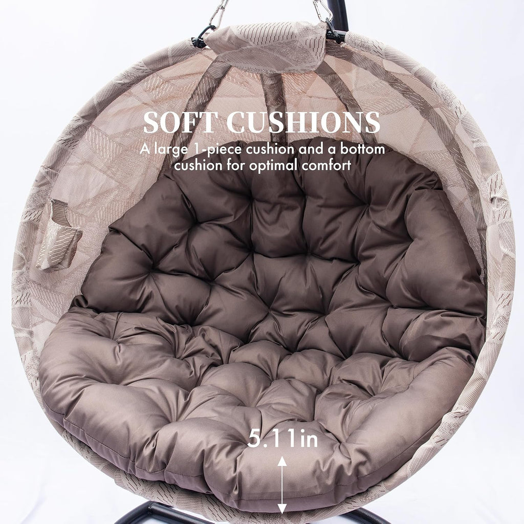 Hanging Egg Chair with Stand - Hanging Ball Chair W/Plush Cushions,Weather-Resistant Fabric, Indoor Outdoor Foldable Swing Chair for Patio, Balcony, Yard & Living Room (Brown & White)