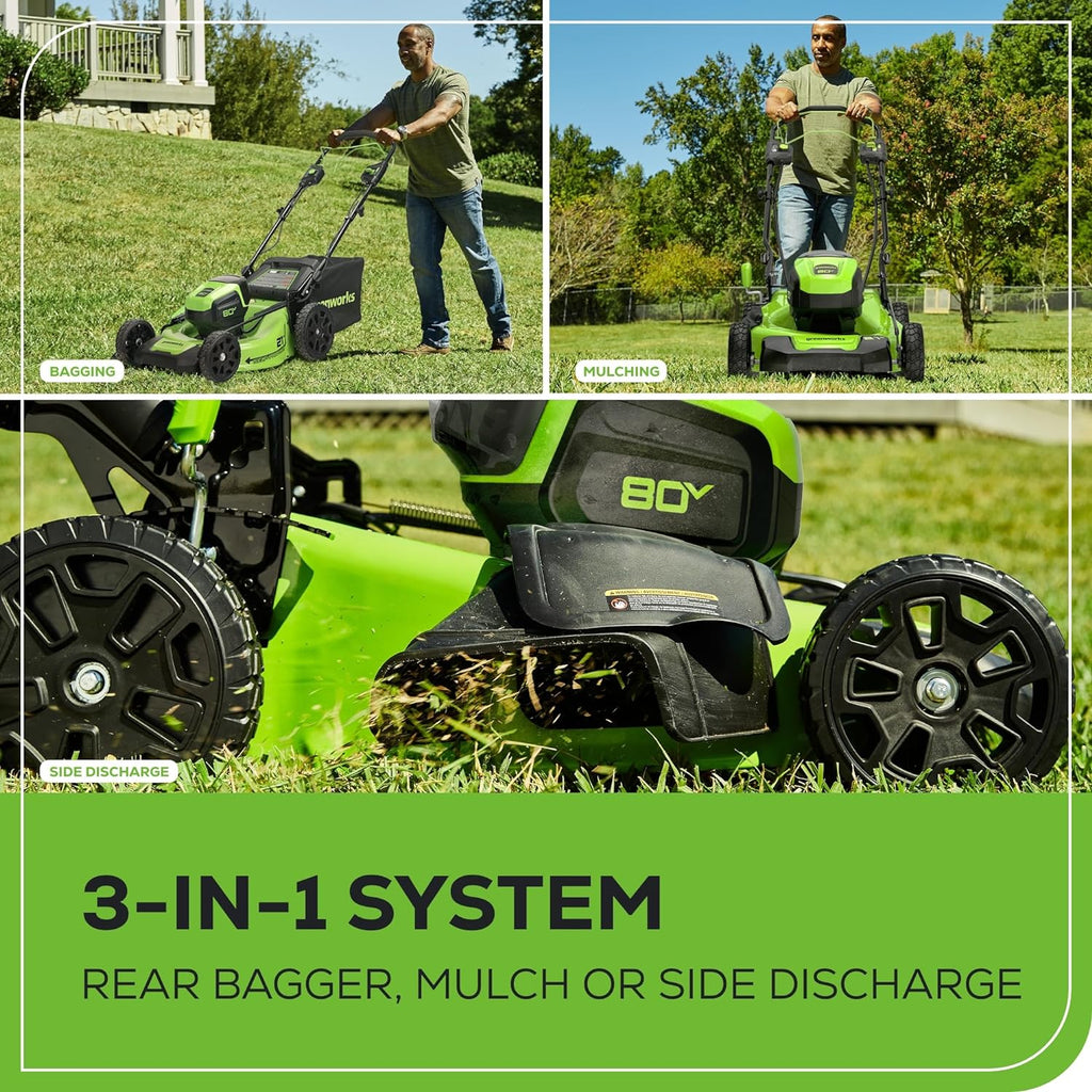 Greenworks 80V 21' Brushless (Self-Propelled) Cordless Electric Lawn Mower + (580 CFM) Axial Leaf Blower (75+ Compatible Tools), 4.0Ah Battery and 60 Minute Rapid Charger, Green and Black