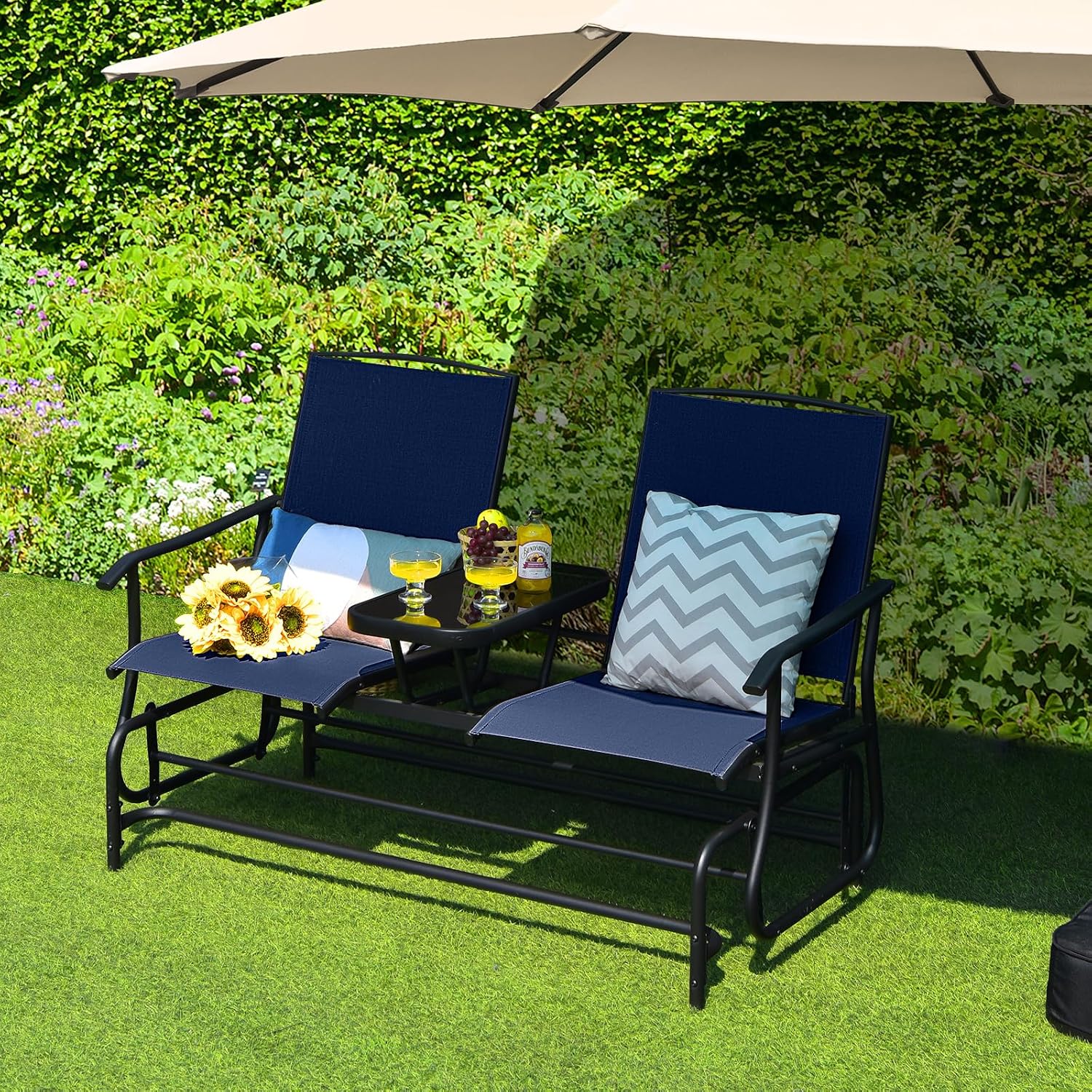 Tangkula 2 Person Swing Glider Chair, Patio Rocking Loveseat w/Center Tempered Glass Table, Outdoor Swing Bench w/Steel Frame & Breathable Mesh Fabric for Porch, Balcony, Poolside (Navy)