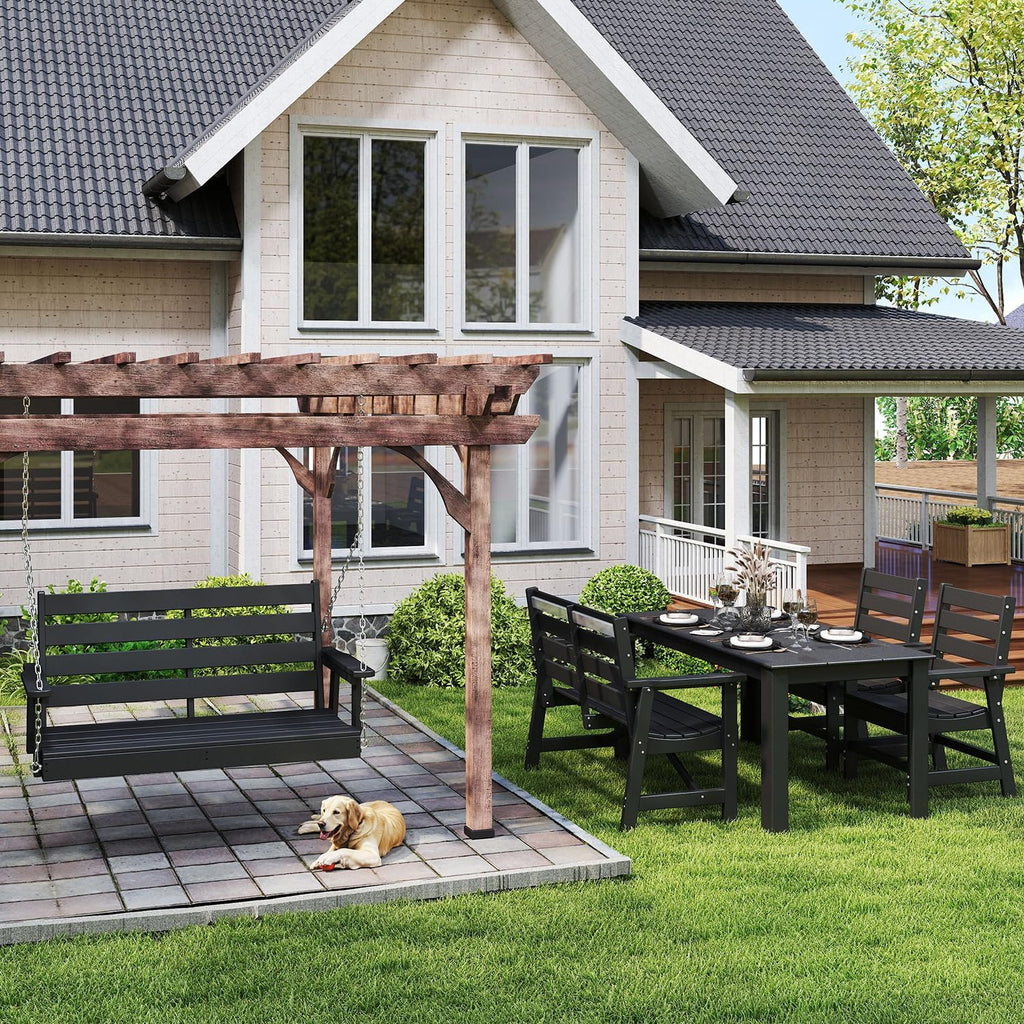 IVY&LANE Outdoor Porch Swing | HDPE Plastic | 2-Person | Hanging Bench Swings | Weatherproof | 4 Stainless Steel Chains | Black | for Outside Patio Garden Backyard Tree