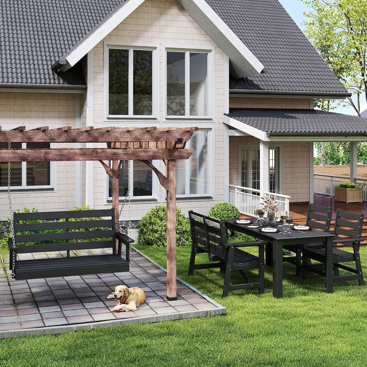 IVY&LANE Outdoor Porch Swing | HDPE Plastic | 2-Person | Hanging Bench Swings | Weatherproof | 4 Stainless Steel Chains | Black | for Outside Patio Garden Backyard Tree