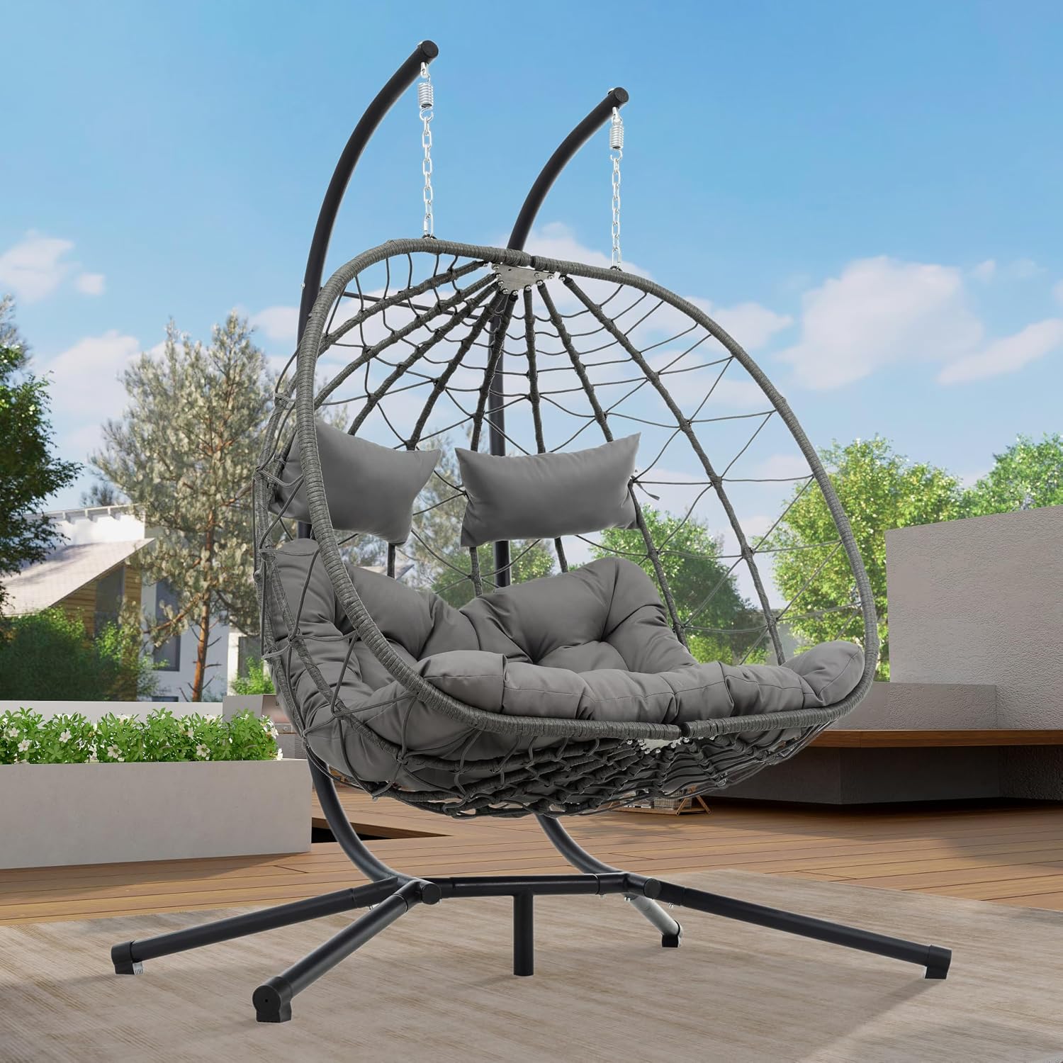 2 - Person Hanging Egg Chair with Stand, Steel Frame, for Outdoor & Indoor Use Double Wicker Egg Chair for Patio, Garden, or Balcony Light Gray