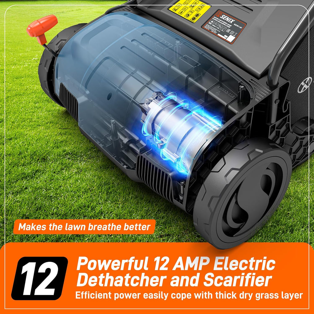 SENIX 12 Amp 13-Inch Corded Electric Dethatcher and Scarifier with Collection Bag,Lawn Care Equipment for Removing Thatch and Improving Yard Growth,Garden Tool Gifts(SCE12-L1)