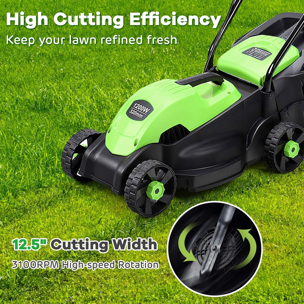 Happygrill Lawn Mower 13-Inch Electric Lawn Mower, Handle Push Corded Lawn Mowers with Grass Bag, Folding Handle, Adjustable Cutting Height for Garden Yard, 12 Amp,Green