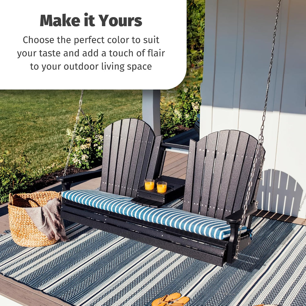 LuxCraft 5' Adirondack Hanging Front Porch Swing with Flip Down Console, Seats Up to 3, Outdoor Patio Swing Bench for Outside (Coastal Gray)