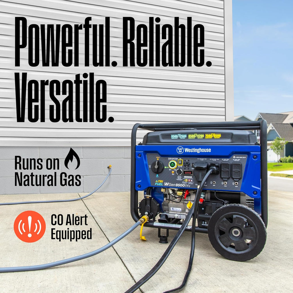 Westinghouse 12500 Peak Watt Tri-Fuel Home Backup Portable Generator, Remote Electric Start, Transfer Switch Ready, Gas, Propane, and Natural Gas Powered
