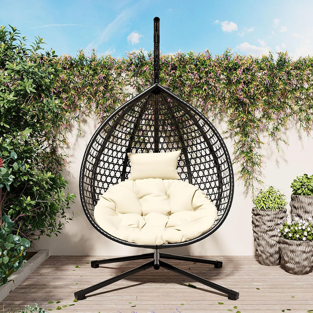 Single Hammock Chair with Stand Durable Hanging Egg Chair with Rattan Weaving, Indoor Outdoor Swing Chairs with Soft Removable Cushion for Balcony, Bedroom, Patio, or Garden, Black+Beige