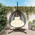 Single Hammock Chair with Stand Durable Hanging Egg Chair with Rattan Weaving, Indoor Outdoor Swing Chairs with Soft Removable Cushion for Balcony, Bedroom, Patio, or Garden, Black+Beige