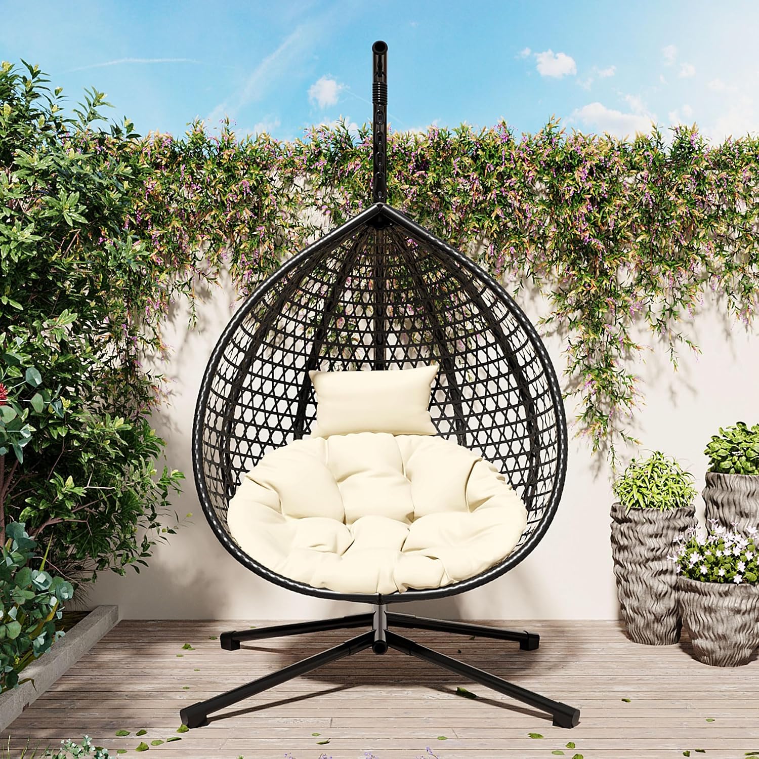 Single Hammock Chair with Stand Durable Hanging Egg Chair with Rattan Weaving, Indoor Outdoor Swing Chairs with Soft Removable Cushion for Balcony, Bedroom, Patio, or Garden, Black+Beige