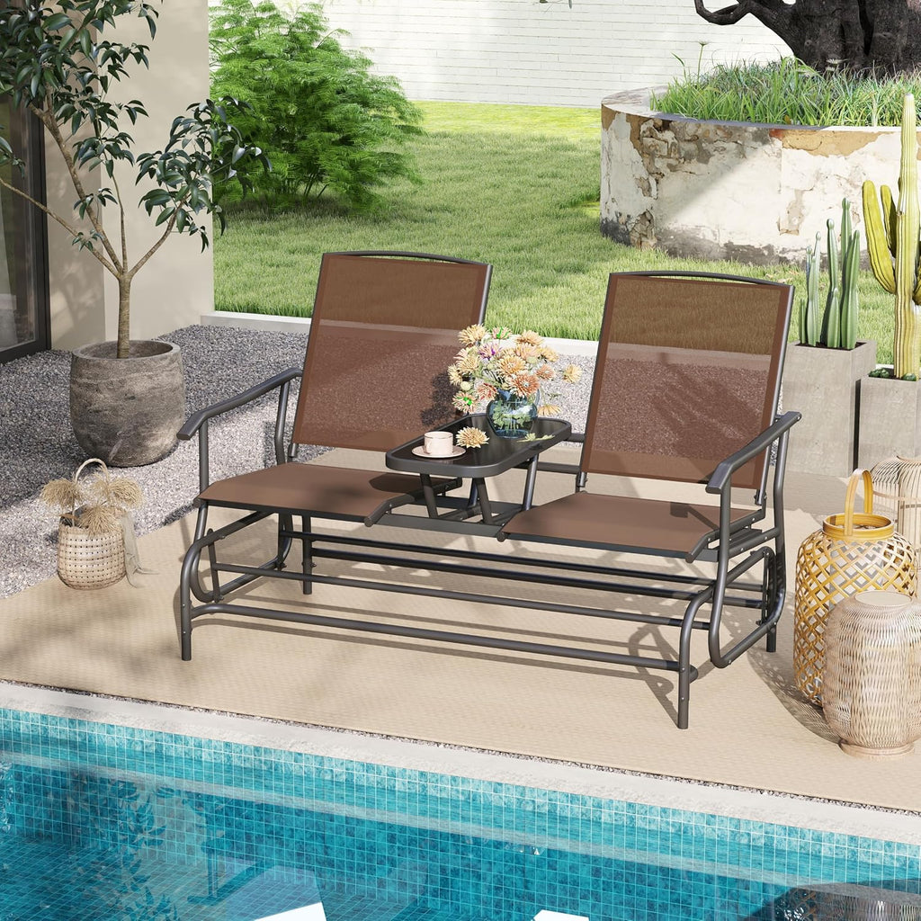 Tangkula 2 Person Swing Glider Chair, Patio Rocking Loveseat w/Center Tempered Glass Table, Outdoor Swing Bench w/Steel Frame & Breathable Mesh Fabric for Porch, Balcony, Poolside (Brown)